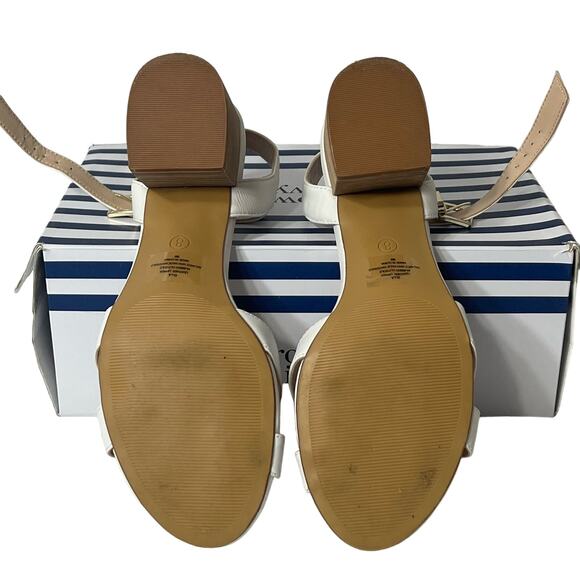 Crown & Ivy Round Open Toe White ELLA Block Heel Gold Ankle Buckle Size 8 - Picture 4 of 6